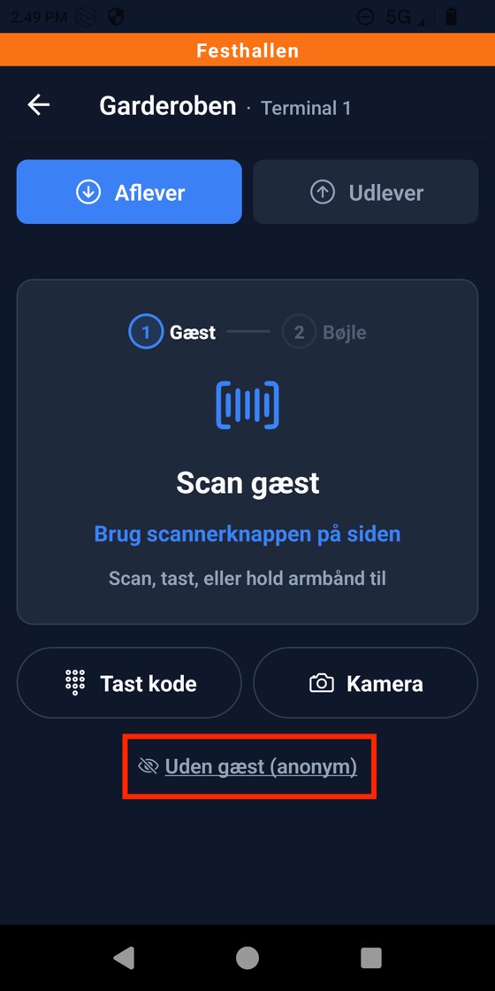 Garderoben på Aflever. Linket Uden gæst (anonym) er markeret