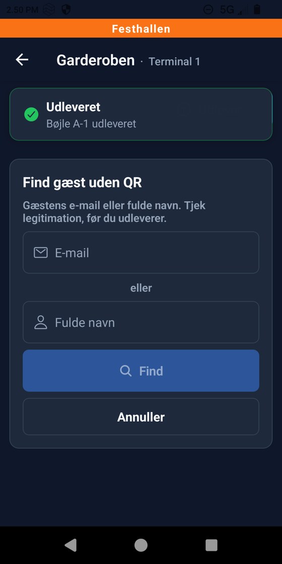 Find gæst uden QR med felterne E-mail og Fulde navn og knappen Find