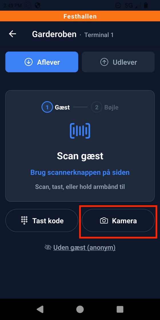 Garderoben på Aflever med Scan gæst. Knappen Kamera er markeret