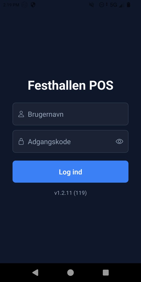 Login-skærmen i Festhallen POS med Brugernavn, Adgangskode og knappen Log ind
