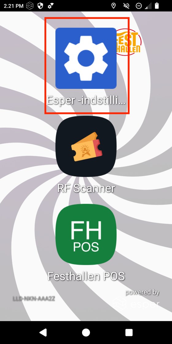 Terminalens forside med Esper-indstillinger markeret