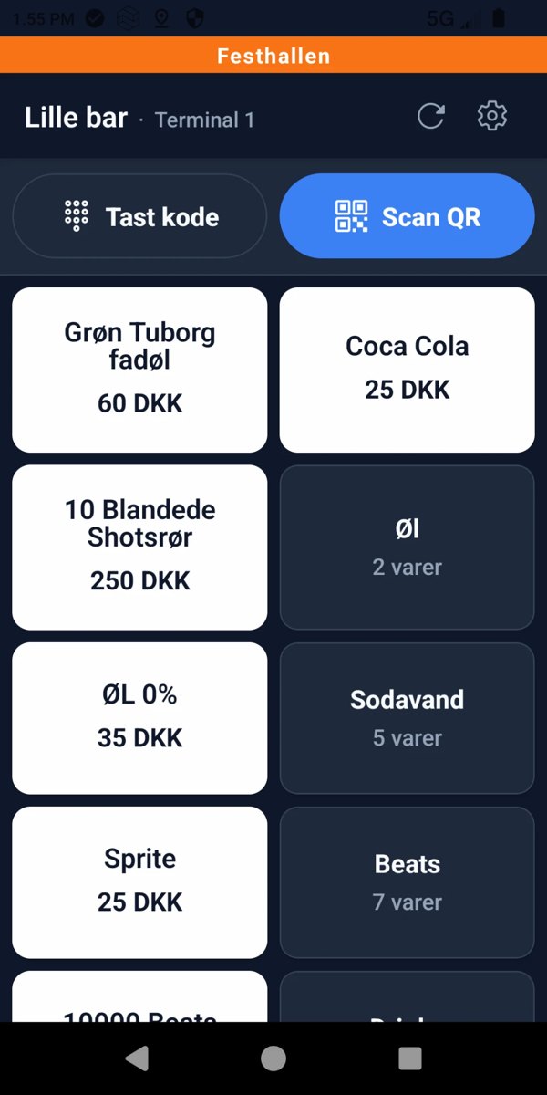 Salgsskærmen i Festhallen POS med produkter og knapperne Tast kode og Scan QR