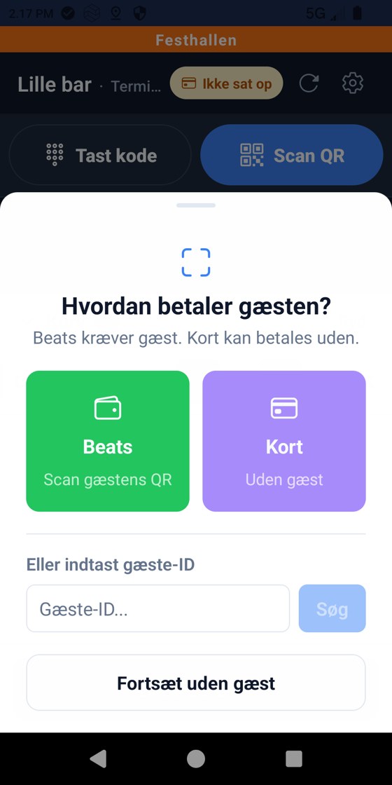 Skærmen Hvordan betaler gæsten med knapperne Beats, Kort og Fortsæt uden gæst