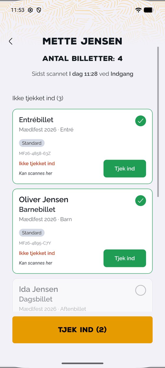 Liste med gæstens billetter og knappen TJEK IND