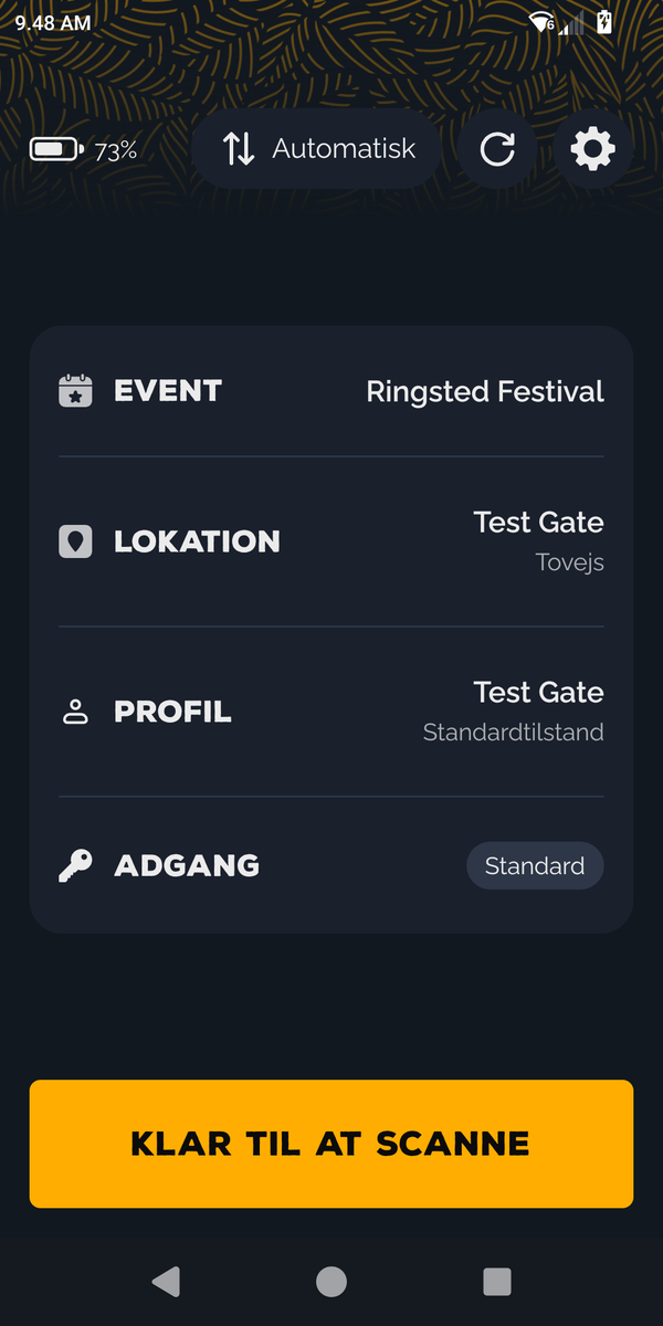 Forsiden med Event, Lokation, Profil, Adgang og knappen Klar til at scanne