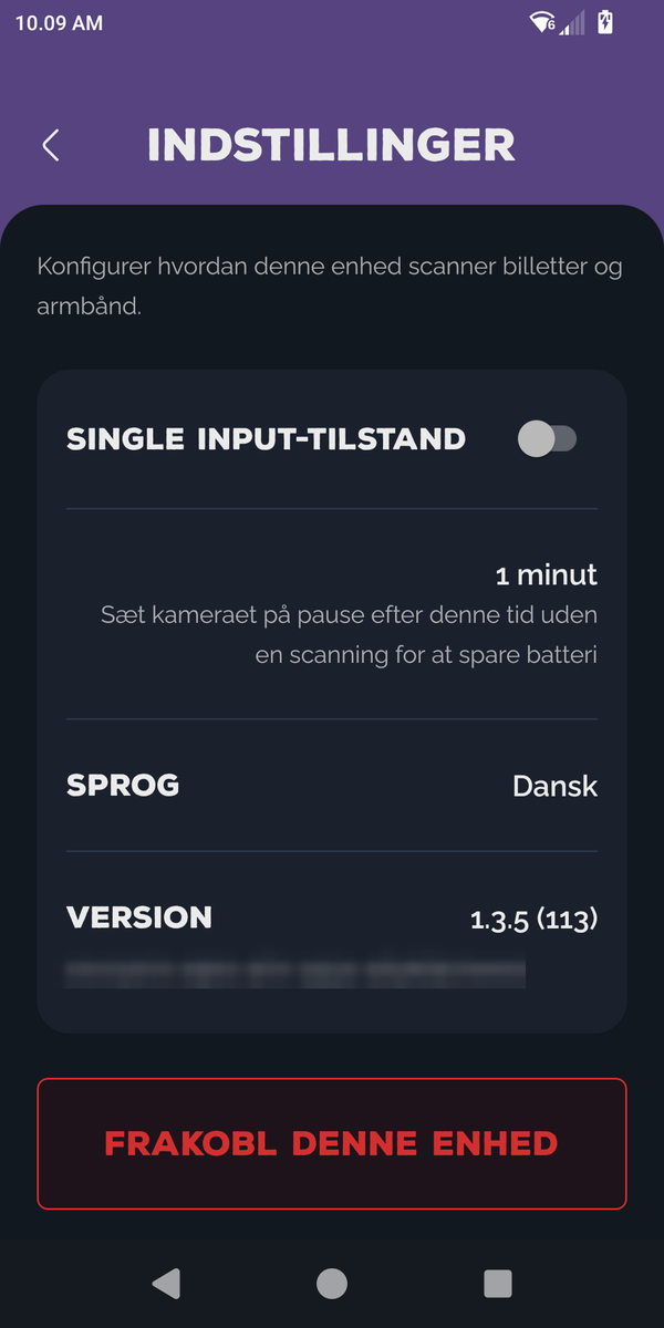Indstillinger med Single input-tilstand, kamera-timeout, sprog, version og Frakobl denne enhed