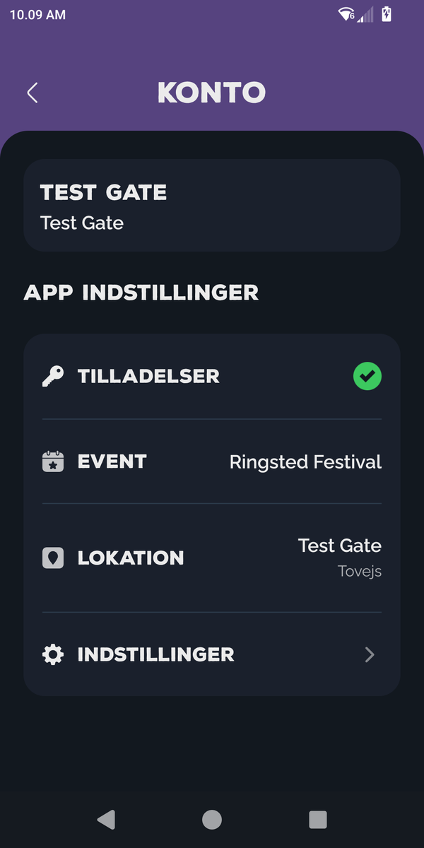 Konto-skærmen med Tilladelser, Event, Lokation og Indstillinger