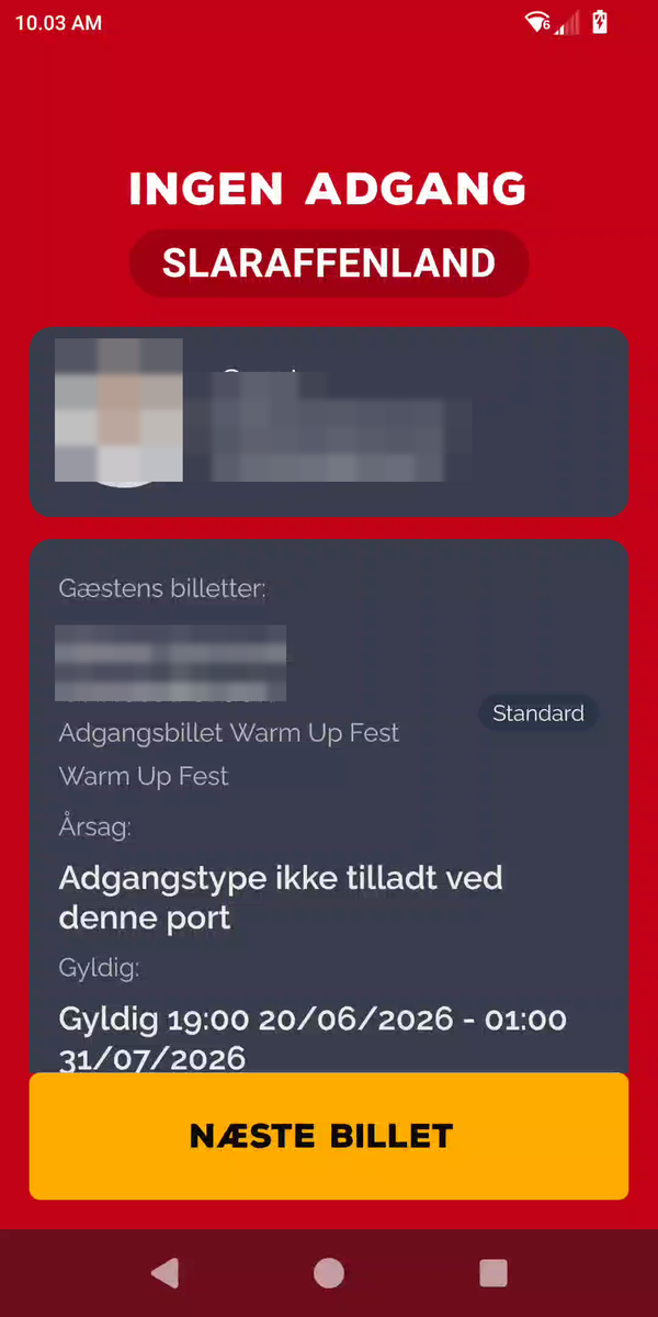 Rødt resultat med teksten Ingen adgang, gæstekort og en årsag